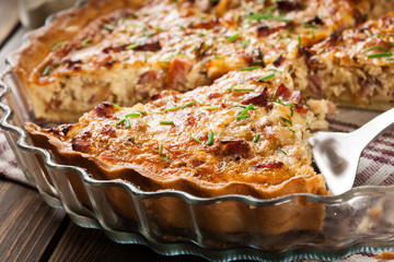 Homemade quiche lorraine with bacon and cheese