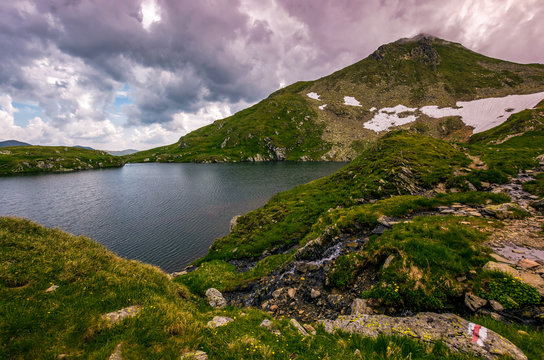 lake in mountains with snow on hillside