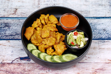 Charcoal boiled ,Pork satay served with side disk.