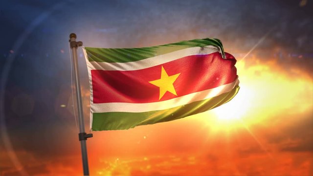Suriname Flag Backlit At Beautiful Sunrise Loop Slow Motion 4K