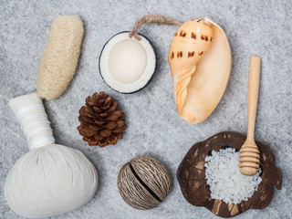Aromatherapy  product  Spa set massage with white  wood background. top view,flat lay composition.