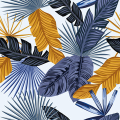 Blue gold palm leaves seamless white background