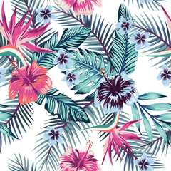 Materiał do szycia Hibiscus plumeria leaves seamless white background