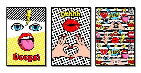 Vector cards and banners in 80s-90s comic style.