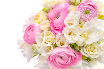 Obraz na płótnie Canvas Beautiful bouquet with white freesia flowers, closeup