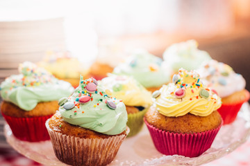 Homemade Sweets Muffins in Sweets Shop Closeup Background