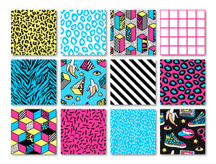 Set of seamless patterns in 80s-90s memphis style. - obrazy, fototapety, plakaty