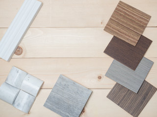 Samples of material, wood , color , on wooden table.Interior design select material for idea.Interior design select material for idea.