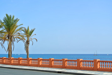 A view to Mediterranean sea from a waterfront promenade of Benalmadena beach and a road with palms at the forefround, Malaga province, Andalusia, Spain.