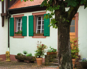Fototapeta na wymiar A traditional german house with white walls, green shutters and tile roof, a yard with flower pots and a tree near it, Walldorf, Germany.