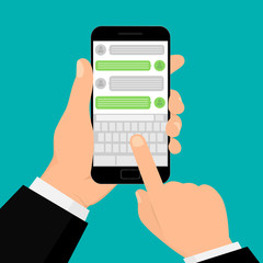 Social network concept. Hand holding smartphone. Chating and messaging concept. Vector illustration. Flat design. EPS 10.