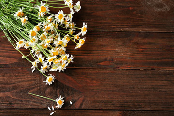 Beautiful chamomile flowers on wooden background