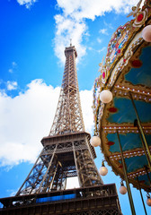 Vintage carousel at the Eiffel Tower, Paris, France, retro toned