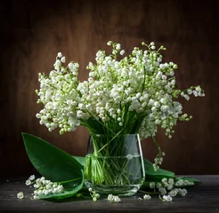 Peel and stick wall murals Lily of the valley Lily of the valley bouquet on the wooden table.