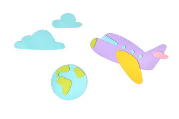 Air travel paper cut on white background - isolated  (handmade paper cut, not illustration)
