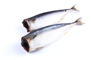 Two Mackerel fish  without head on white background (isolated). Close up