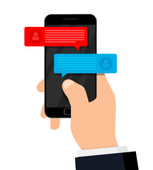 Social network concept. Chating and messaging concept. Hand holding smartphone isolated on white background. Vector illustration.