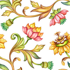 seamless floral pattern, medieval background, watercolor hand painted illustration, colorful...