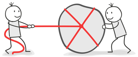 Figur zieht schweren Stein und bekommt Hilfe