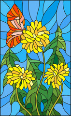 Illustration in stained glass style flower of Taraxacum and butterfly on a blue background