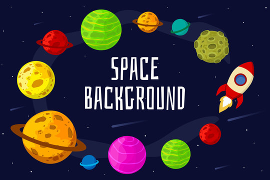 Space landscape with planet and rocket. Space for your text. Vector illustration. Flat design.