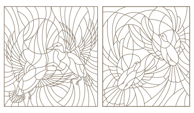 Set contour illustrations of stained glass birds pair of pigeons and ducks in the sky and the sun