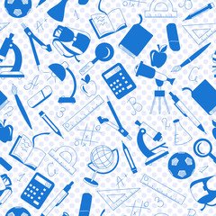 Seamless pattern on the theme of the school,  a blue silhouettes of icons on the background of polka dots