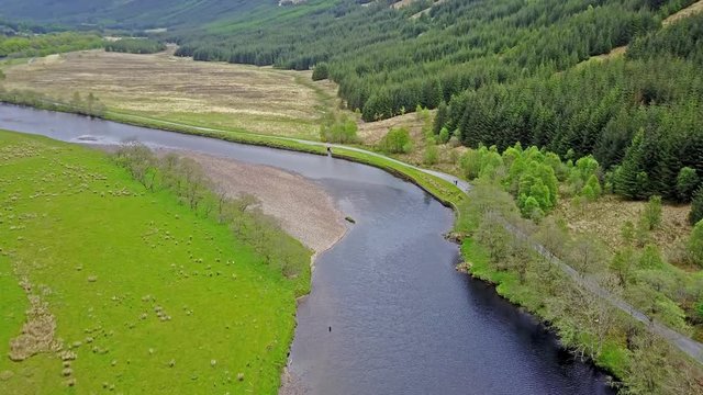 Cinematic aerial shot of the river Orchy