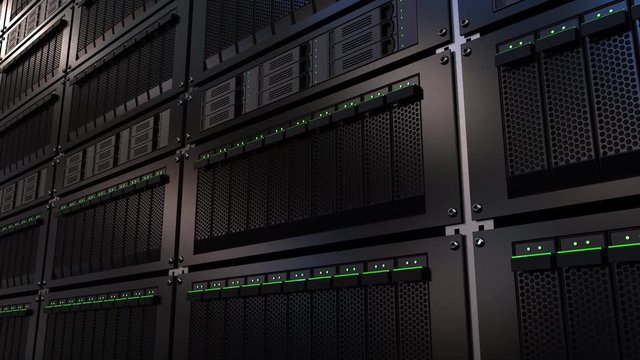 Server racks. Cloud storage technology or modern data center concepts. 4K seamless loop motion background