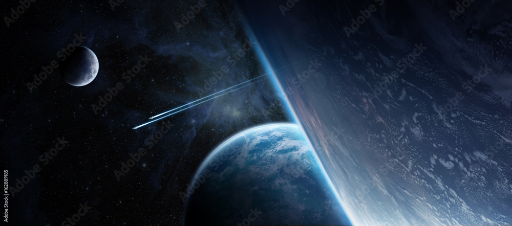 Poster Sunrise over distant planet system in space 3D rendering elements of this image furnished by NASA