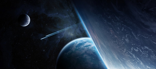 Sunrise over distant planet system in space 3D rendering elements of this image furnished by NASA © sdecoret