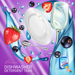 Berries fragrance dishwasher detergent tabs ads. Vector realistic Illustration with dishes in water splash, strawberry and blackcurrant. Poster