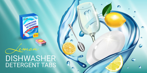 Lemon fragrance dishwasher detergent tabs ads. Vector realistic Illustration with dishes in water splash and citrus fruits. Horizontal banner