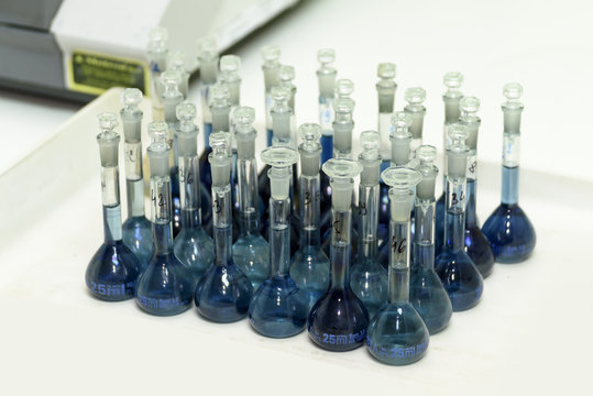 Tubes with a blue liquid in the laboratory