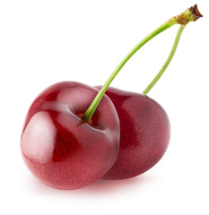 Isolated cherries. Two sweet cherry fruits isolated on white background with clipping path