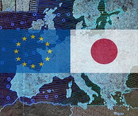 EU - Japan relationship - 
The flags of Japan and Europe lie over a map of Europe
