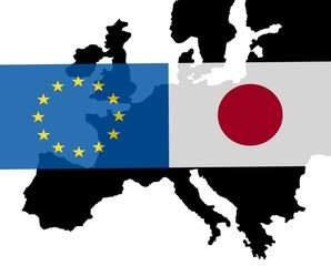 EU - Japan relationship - 
The flags of Japan and Europe lie over a map of Europe
