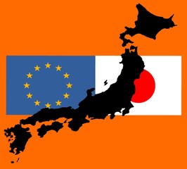 Japan - EU relationship -
The flags of Japan and Europe lie over a map of Japan