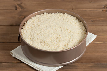 Cooking Process Of Homebaked Cottage Cheese Pie. Raw Dough In Tray.