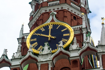 Clock on the tower close-up. Spasskaya tower of the Kremlin - chimes.
