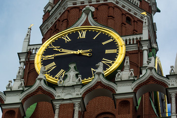 Clock on the tower close-up. Spasskaya tower of the Kremlin - chimes.