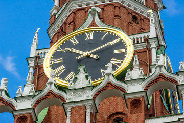 Clock on the tower close-up. Spasskaya tower of the Kremlin - chimes.