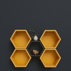 Hexagon shelfs and wall dark,3d rendering