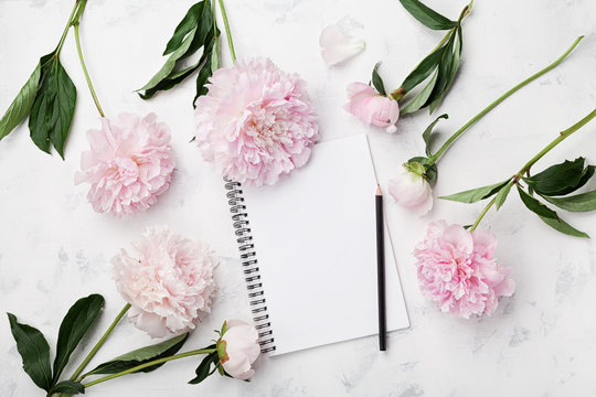 Fototapeta Empty notebook for wedding planning, pencil and pink peony flowers on white stone table top view in flat lay style. Woman working desk.