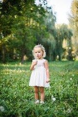 Lovely little girl blowing on a dandelion