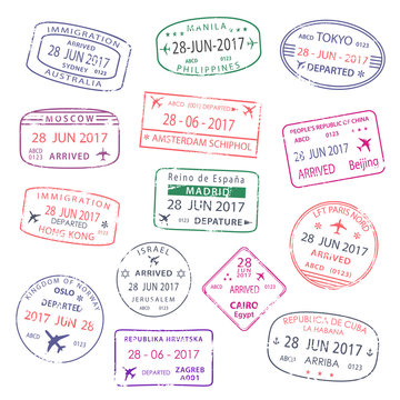 Vector icons of world travel city passport stamps