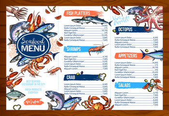 Vector menu for seafood or fish seafood restaurant