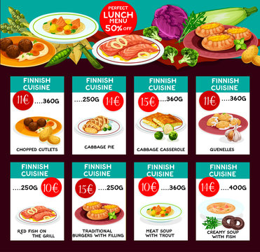 Finnish cuisine vector menu price cards template