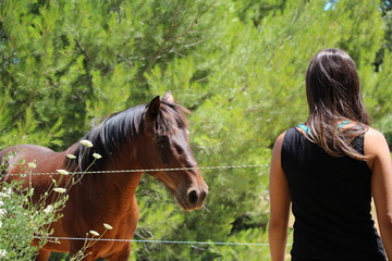 Fototapeta premium femme et un cheval brun