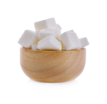 Sugar Cube In Wooden Bowl On White Background